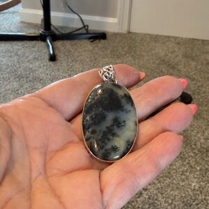 Silver Pendant with Black and Gray Stone. Dendritic opal.
